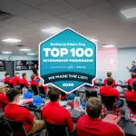 A group of interns in red shirts listen to a presenter in a classroom. A large badge in the center reads “Top 100 Internship Programs, 2026, National Intern Day.”.