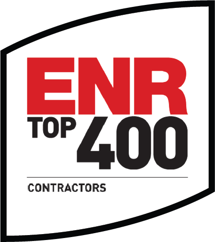 ENR Top 400 Contractors logo with bold red and black text on a white background, outlined by a black curved border.