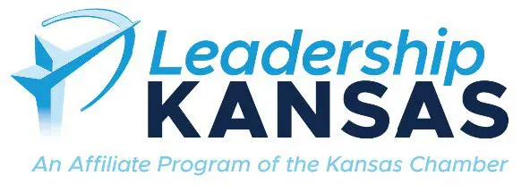 Logo for Leadership Kansas, featuring a stylized blue paper airplane and text that reads "Leadership Kansas: An Affiliate Program of the Kansas Chamber.