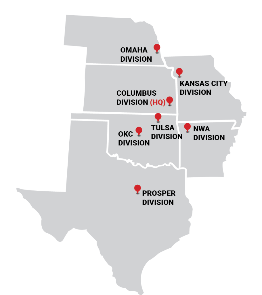 Map of the central United States showing locations of company divisions: Omaha, Kansas City, Columbus (HQ), Tulsa, OKC, NWA, and Prosper, each marked with a red pin and division label.