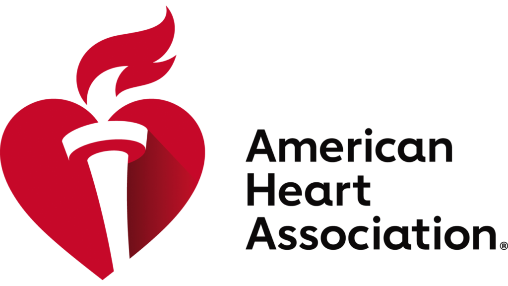 Logo of the American Heart Association featuring a stylized red heart with a white torch inside, next to the text "American Heart Association" in bold black letters.