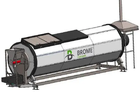 A cylindrical industrial composting machine labeled "BROME Compost," mounted on a metal frame with an access hatch, control panel, and exhaust pipe.