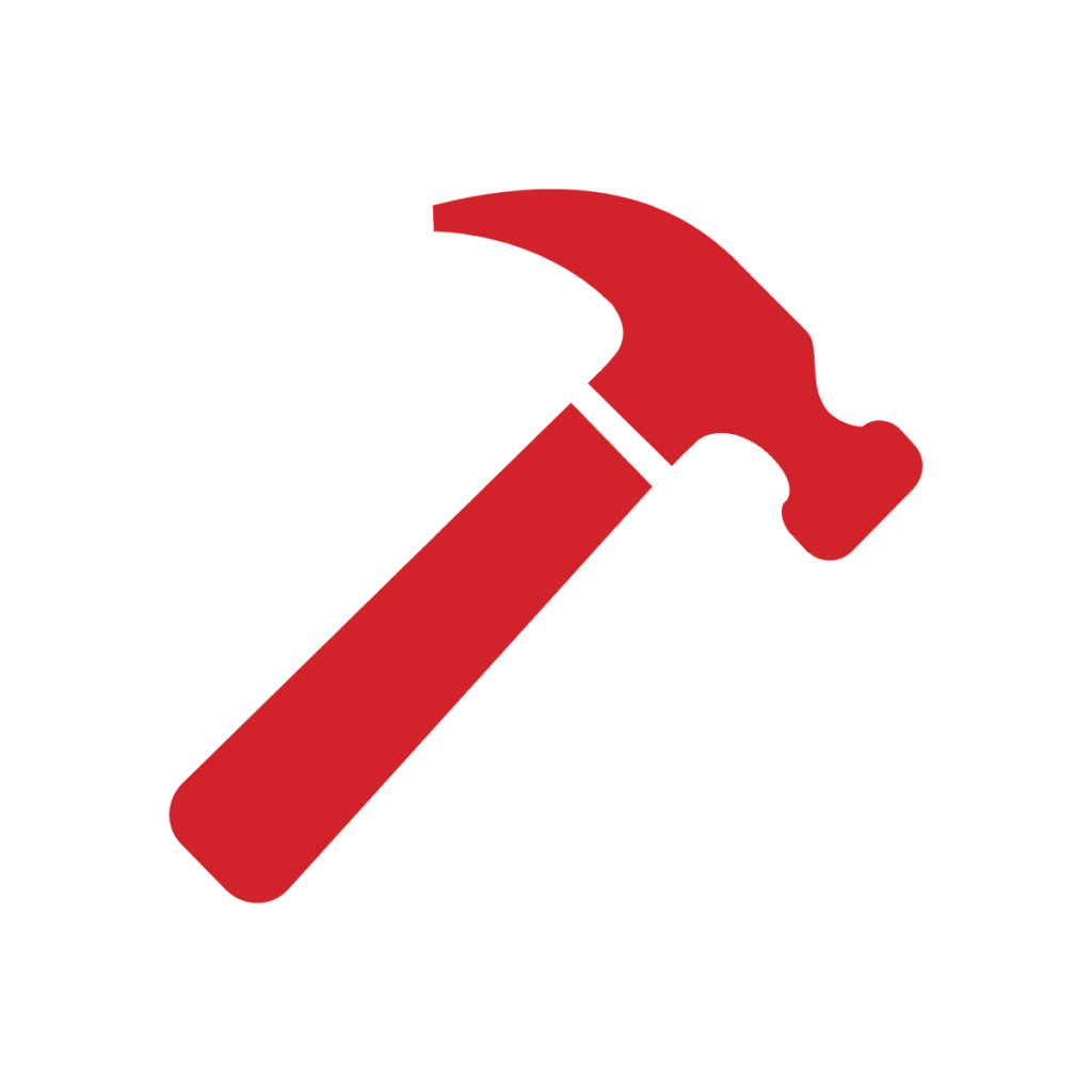 A simple red hammer icon with a claw on one side and a flat head on the other, shown on a plain white background.