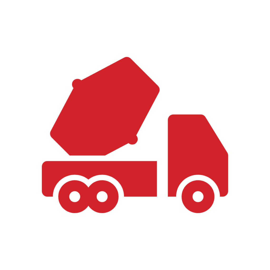 A red icon of a cement mixer truck on a white background, featuring a rotating drum and two wheels.