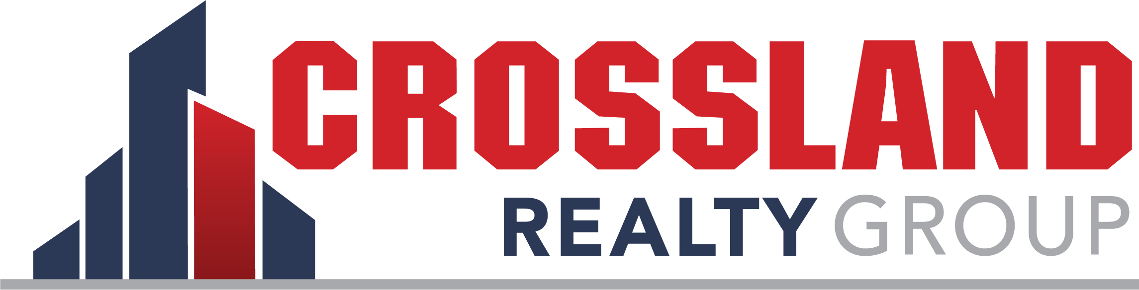 Logo for Crossland Realty Group featuring stylized skyscraper shapes in navy blue and red on the left, with "CROSSLAND" in bold red letters and "REALTY GROUP" in navy blue and gray text to the right.
