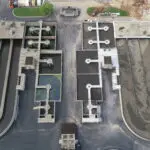 An aerial view of a wastewater treatment plant.