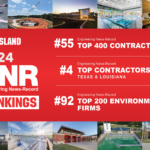 A red graphic features the 2024 ENR (Engineering News-Record) rankings: #55 Top 400 Contractors, #4 Top Contractors Texas & Louisiana, and #92 Top 200 Environmental Firms, with various construction-related photos bordering the main text.