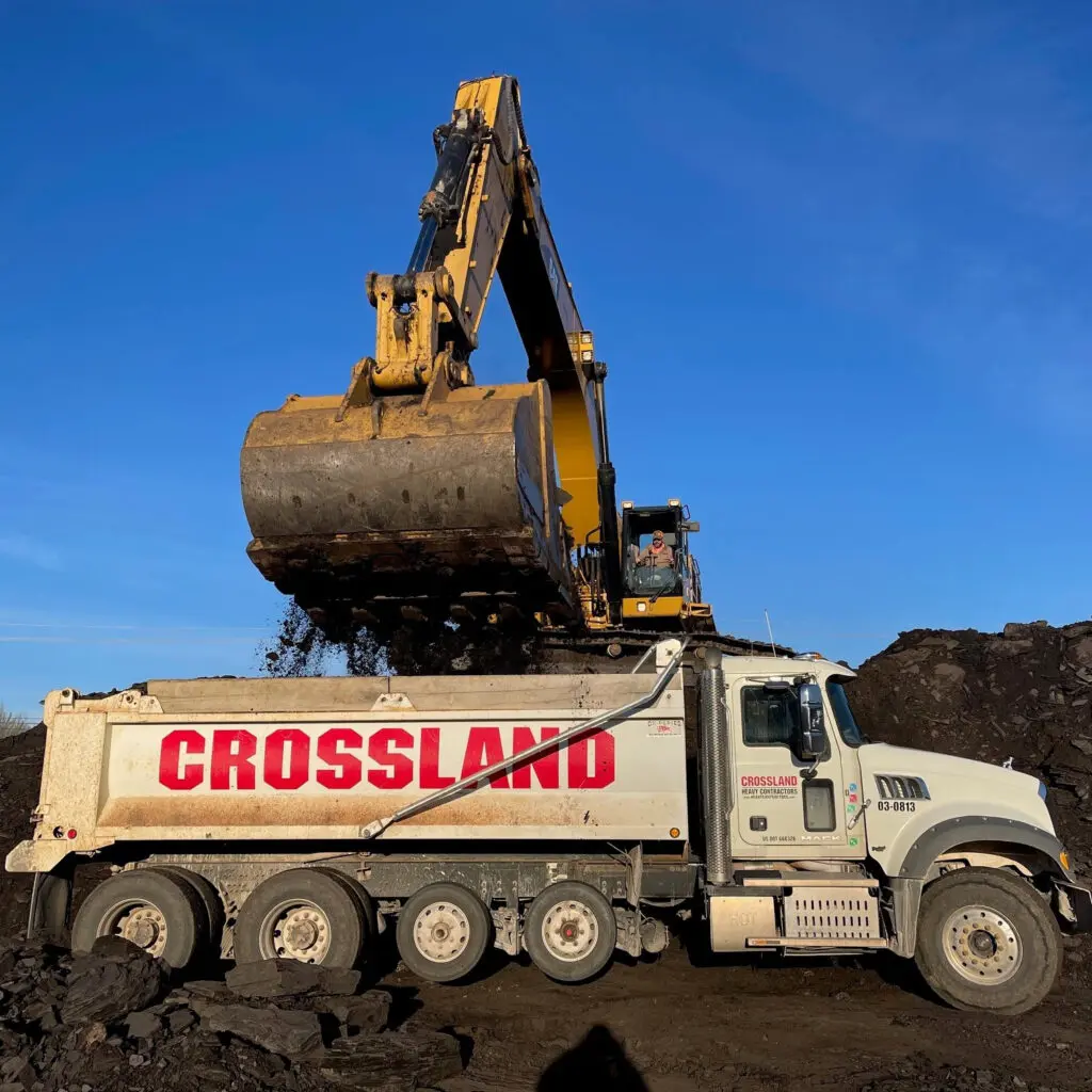 A large excavator loads dirt into a white dump truck labeled "CROSSLAND" in red letters, at a construction site under a clear blue sky.