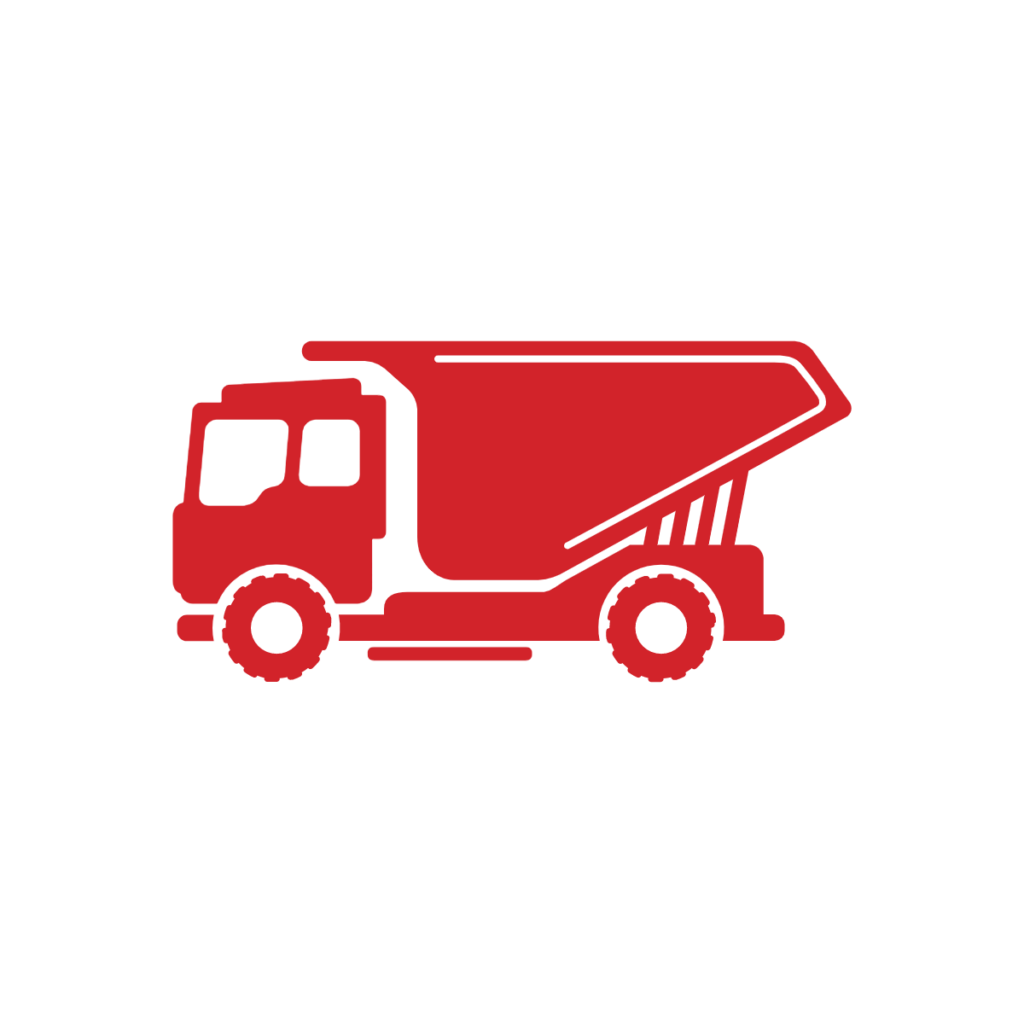 Red silhouette icon of a dump truck facing left, with large wheels and an angled cargo bed, on a light gray background.