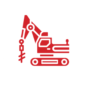 Red icon of a construction excavator with a drilling attachment, depicted in a simple, stylized design on a white circular background.