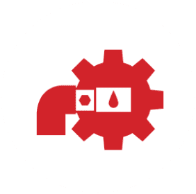 Red gear icon with a pipe on the left, a hexagonal bolt, and a droplet symbol in the center, all on a white circular background, representing fluid or oil mechanics.