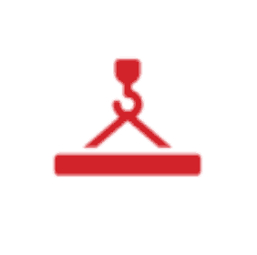 A red icon of a crane hook lifting a horizontal rectangular object, symbolizing material handling or lifting equipment. The image is on a white circular background.