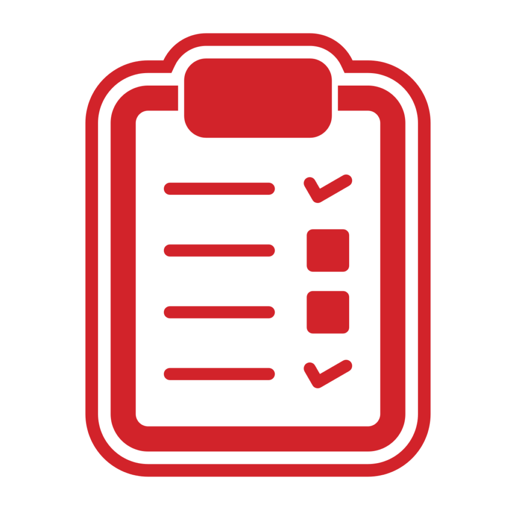 Red clipboard icon with a checklist; three checkboxes next to horizontal lines, two boxes have checkmarks and one box is empty, representing task completion or a to-do list.