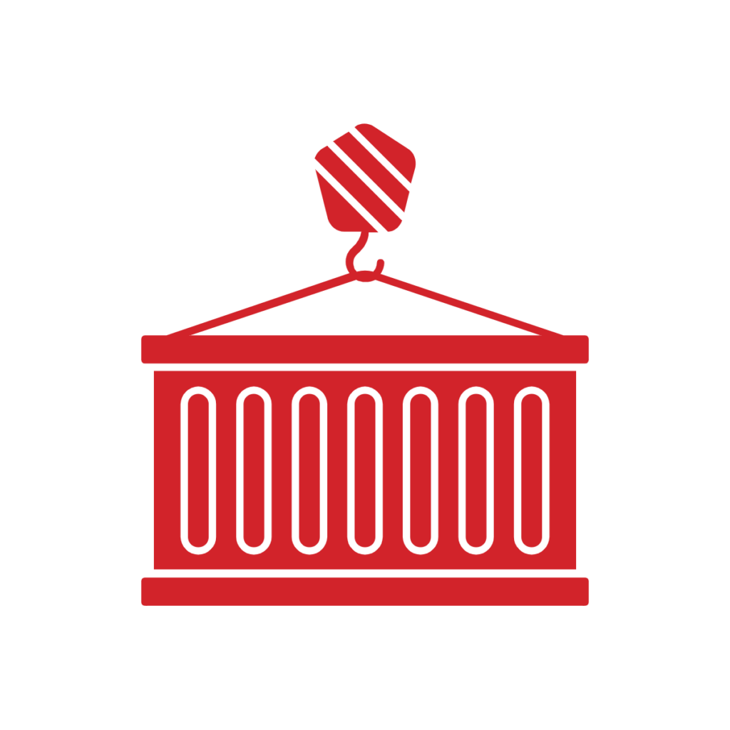 A red shipping container being lifted by a crane hook, depicted in a simple, minimalistic style on a white background.