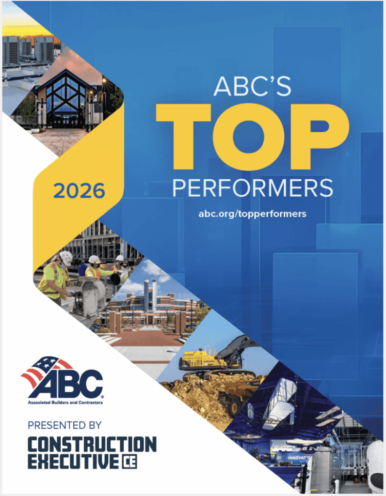 Cover of a report titled “ABC’s Top Performers 2026,” featuring construction-related images, the ABC and Construction Executive logos, and a web link: abc.org/topperformers.