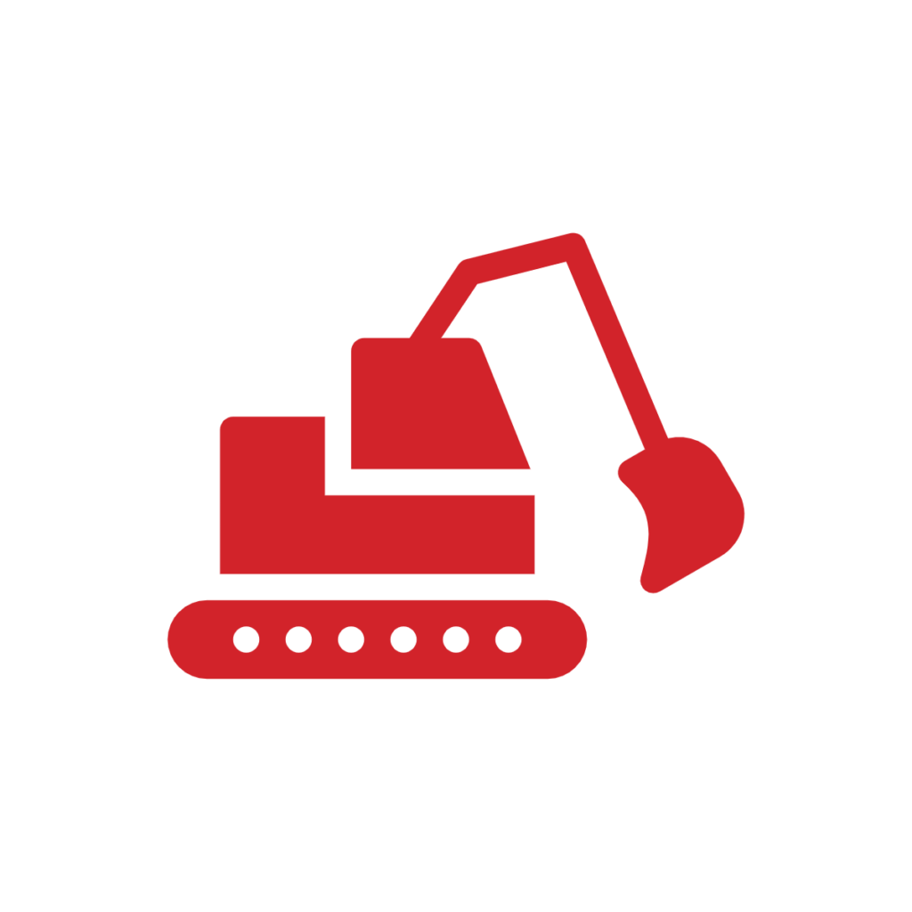 A red icon of an excavator with a digging arm and bucket, shown on a light gray background.