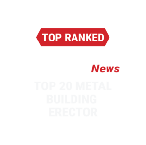 A badge with a white scalloped border. In the center, red labels read "TOP RANKED" and "News." Faint white text behind says "Metal Construction News" and "Top 20 Metal Building Erector.