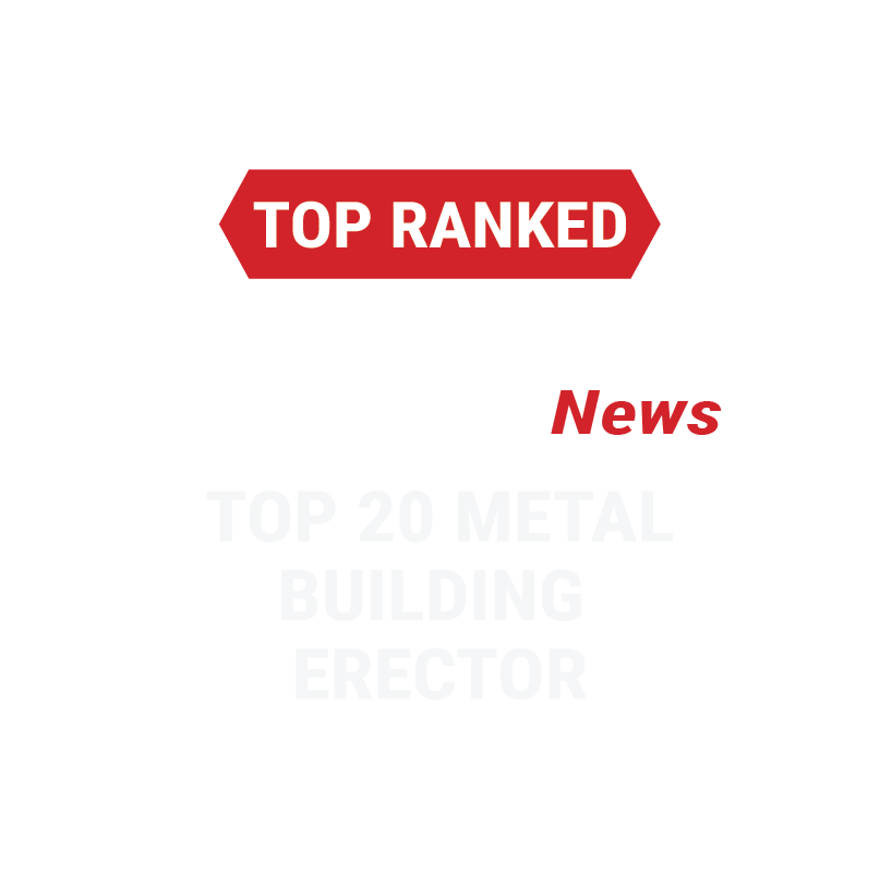 A badge with a white scalloped border. In the center, red labels read "TOP RANKED" and "News." Faint white text behind says "Metal Construction News" and "Top 20 Metal Building Erector.