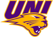 UNI logo in bold purple and gold letters above a stylized panther head, facing right, with an open mouth showing sharp teeth.