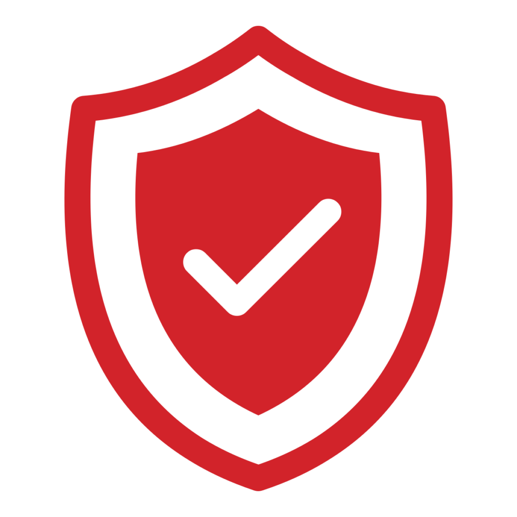 A red shield icon with a white check mark in the center, symbolizing security, protection, or verified status.