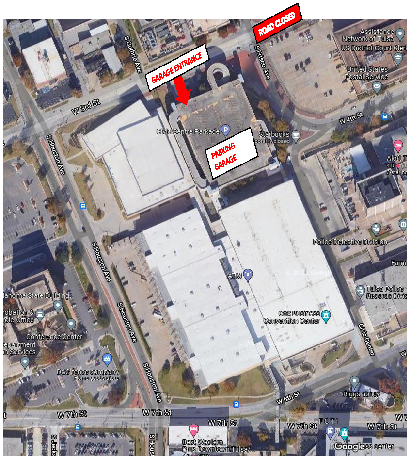 Aerial map view showing the Civic Center Parking Garage entrance on 6th St., with a "Road Closed" sign on Colcord Dr., and labeled "Parking Garage" and "Garage Entrance" in the highlighted area. Nearby landmarks are visible.