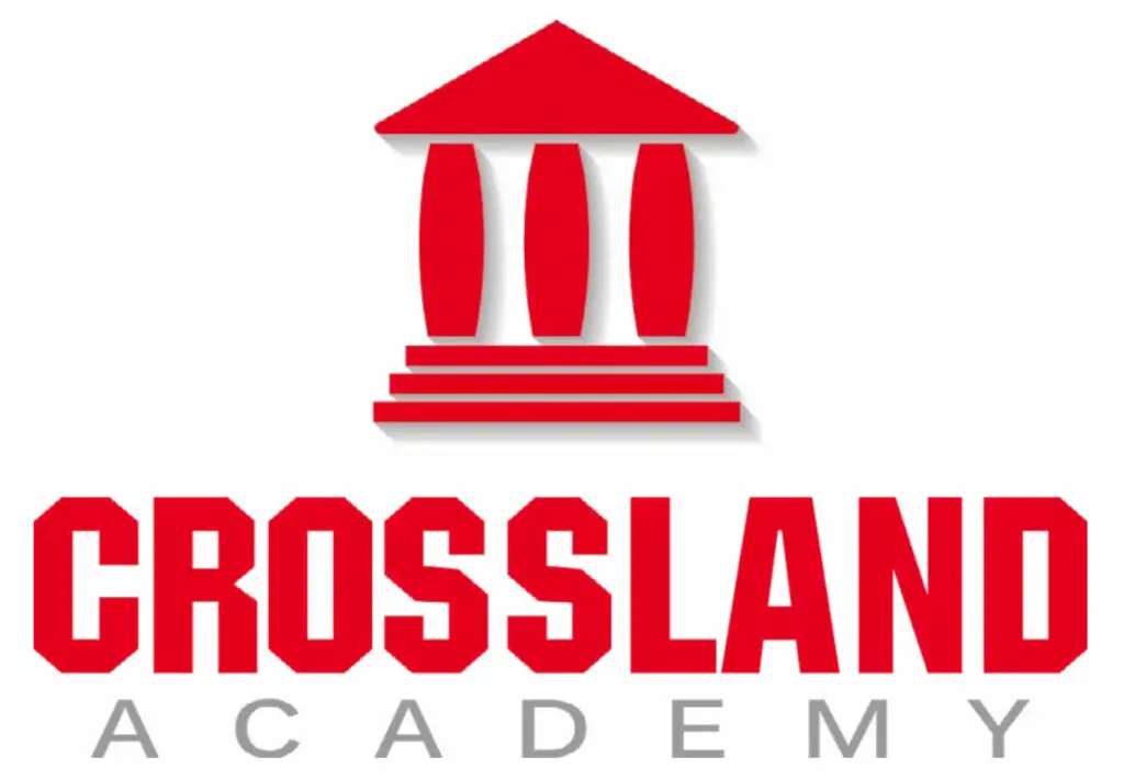 Red and white Crossland Academy logo featuring a stylized red building with pillars above the bold text "CROSSLAND" and smaller gray text "ACADEMY" below. Perfect for representing the excellence of Crossland.