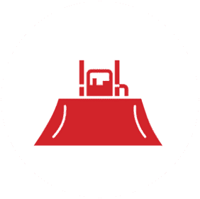 Red icon of a tree stump with a stump grinder machine on top, depicted on a white circular background.