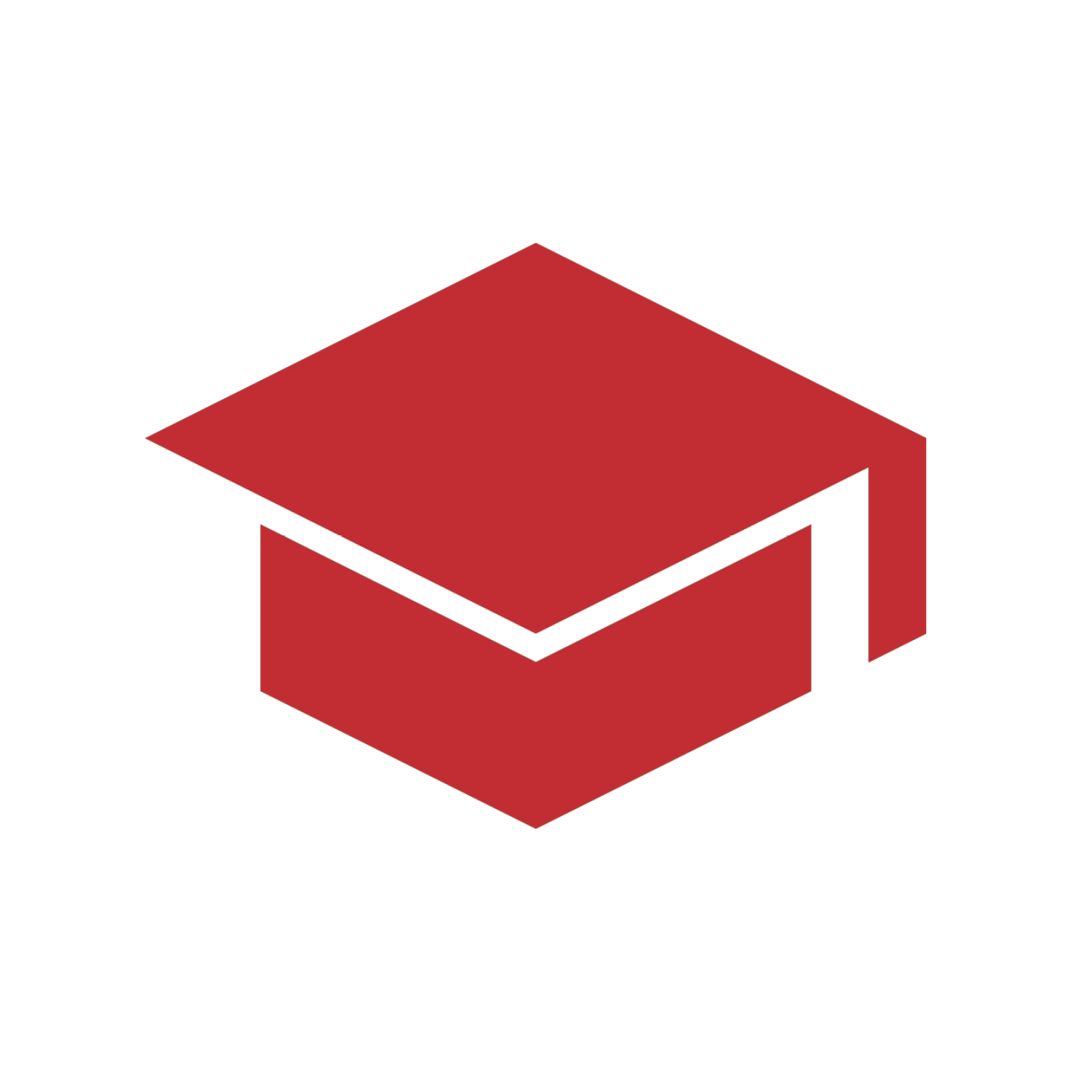 A red graduation cap icon with a square top and tassel, centered on a white circular background.