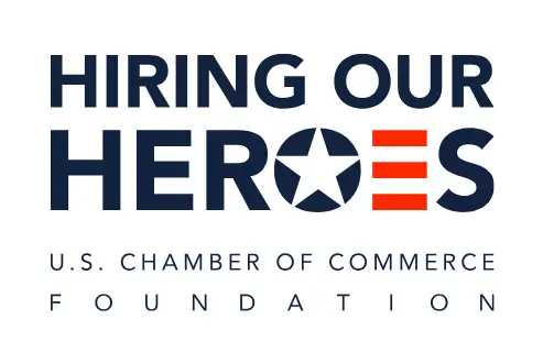 Logo for "Hiring Our Heroes" from the U.S. Chamber of Commerce Foundation. The word "HEROES" features a star inside the letter "O" and red stripes forming the letter "E.