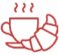 Red line drawing of a steaming cup of coffee or tea with a croissant resting beside it.