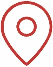 A simple red map pin icon with a circular center, outlined on a white background.