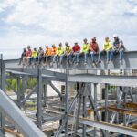 A group of construction workers in safety gear sit side by side on a steel beam high above a building site, with blue sky and clouds in the background.