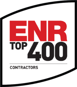 ENR Top 400 Contractors logo with bold red and black text on a white background, outlined by a black curved border.