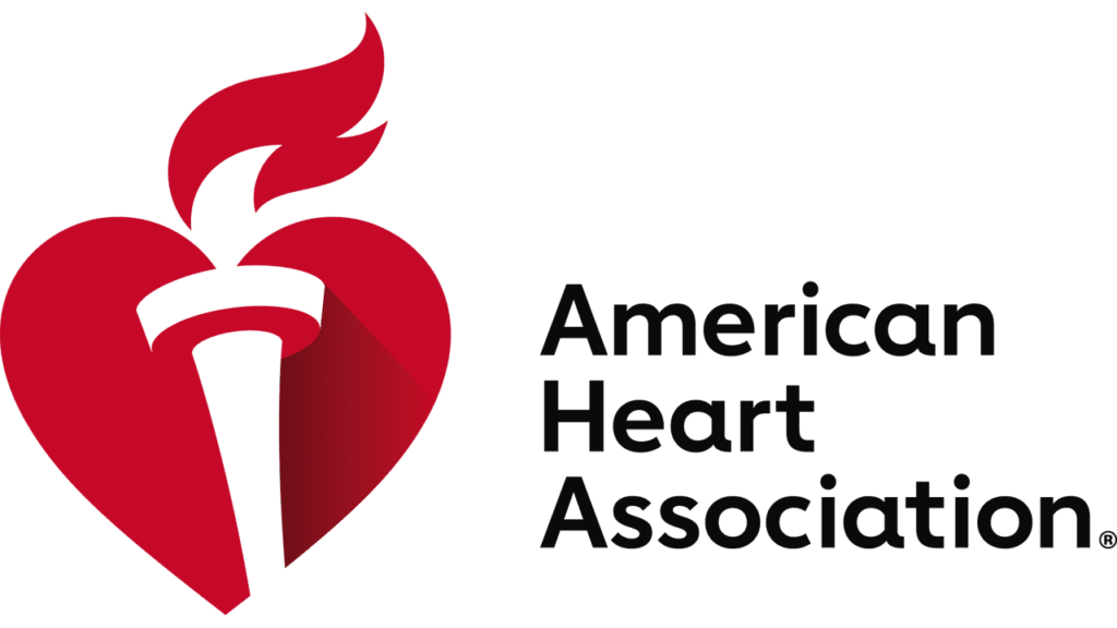 Logo of the American Heart Association featuring a stylized red heart with a white torch inside, next to the text "American Heart Association" in bold black letters.