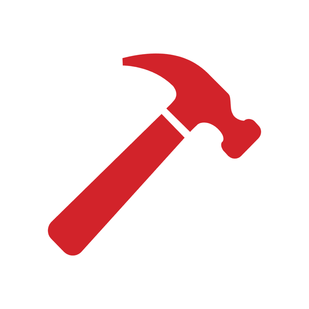 A simple red hammer icon with a claw on one side and a flat head on the other, shown on a plain white background.