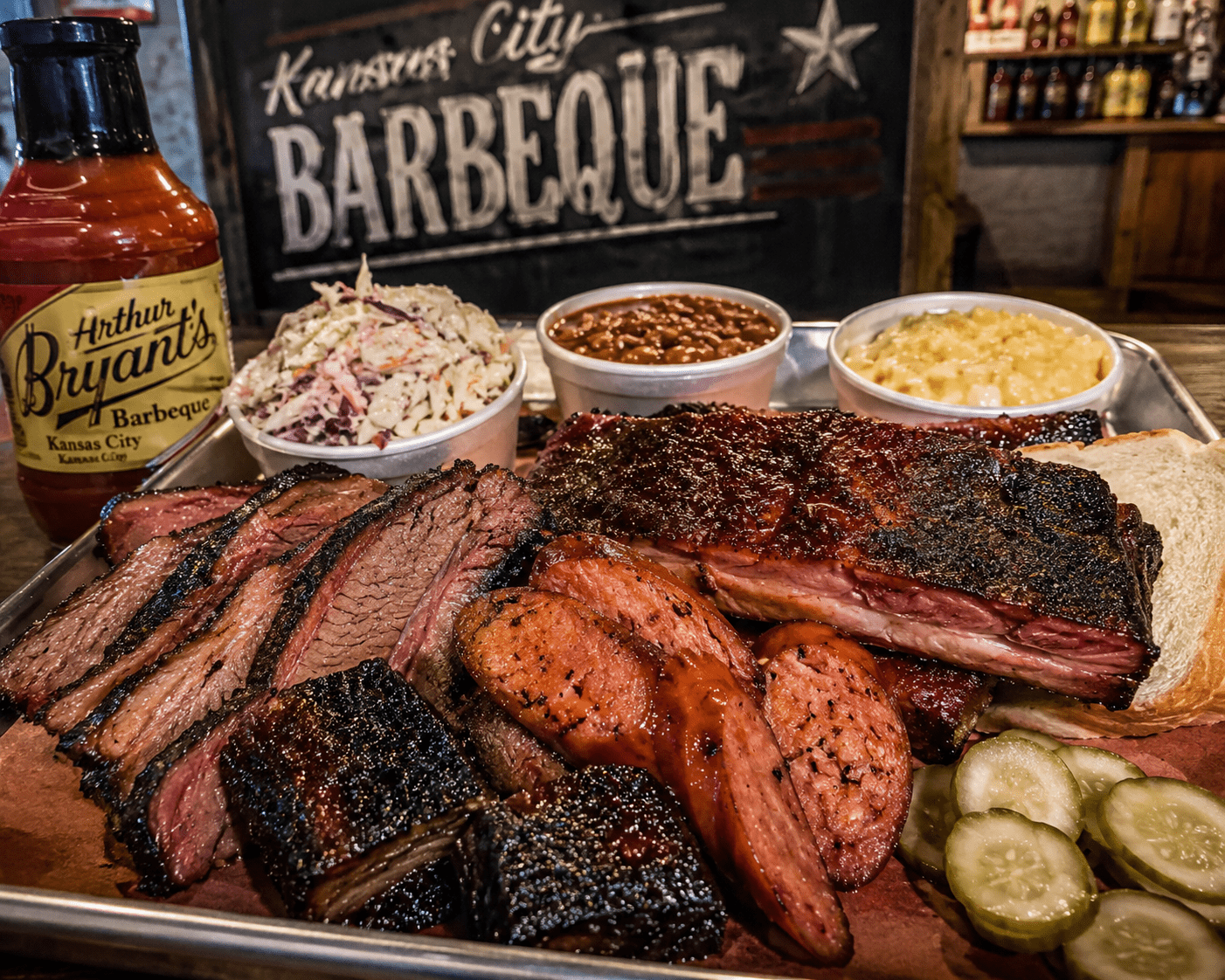 A tray of Kansas City barbeque with sliced brisket, sausage, burnt ends, ribs, pickles, bread, coleslaw, baked beans, and a side of corn—just the kind of meal you’d savor while learning about Crossland in Kansas City BARBEQUE style.