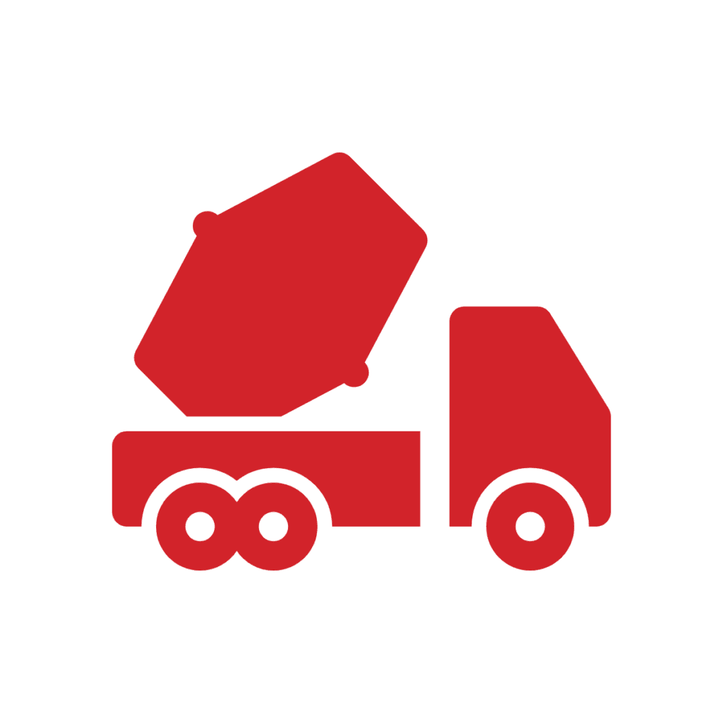 A red icon of a cement mixer truck on a white background, featuring a rotating drum and two wheels.