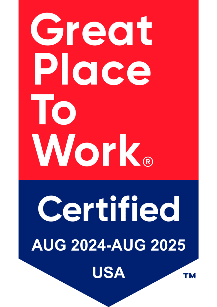A badge reading “Great Place To Work Certified August 2024 - August 2025 USA” in white text on a red and blue background.