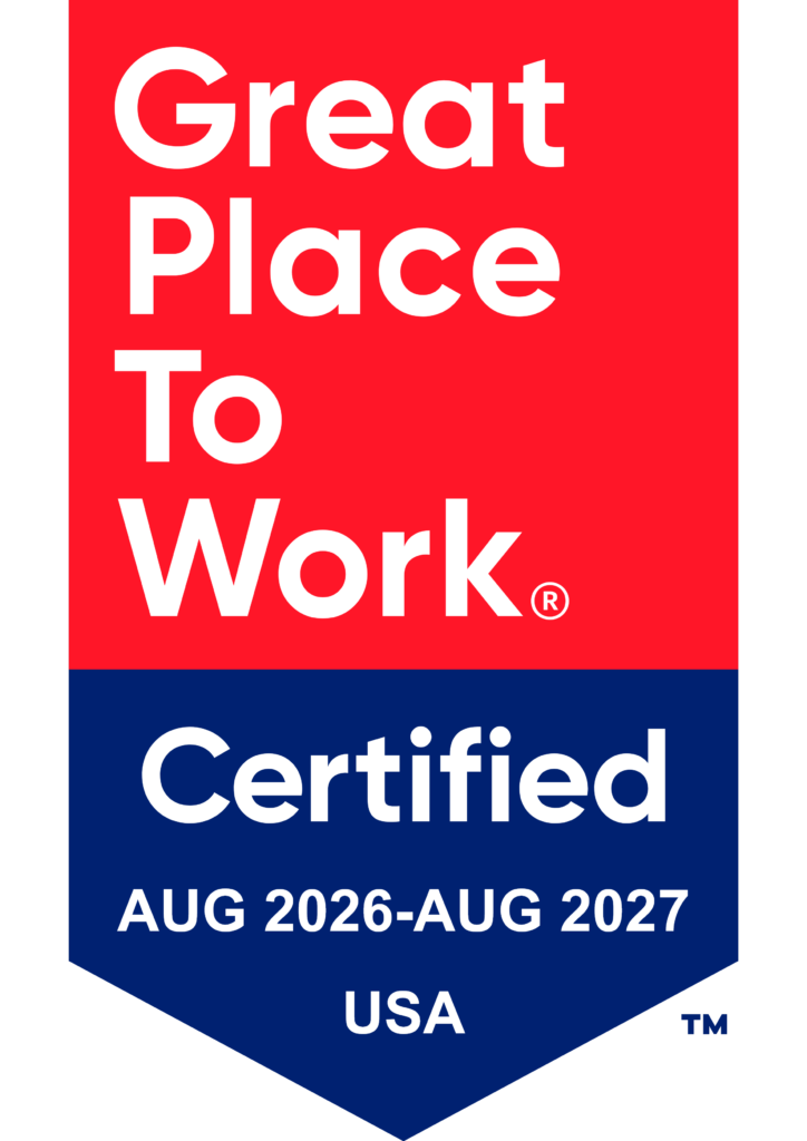Red and blue badge reading “Great Place To Work Certified AUG 2026 - AUG 2027 USA” in white text, indicating workplace certification for a year in the USA.