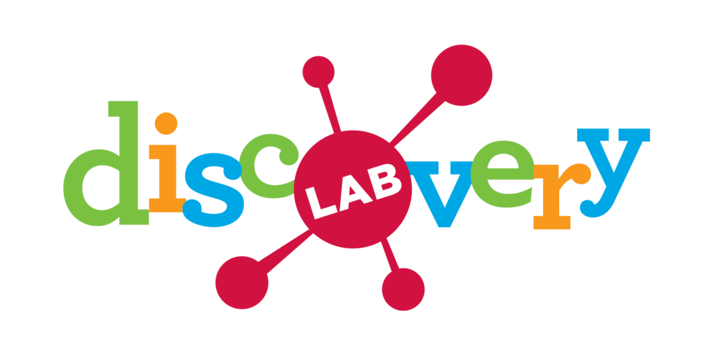 The word "discovery" in colorful letters, with "LAB" in a red central circle connected to five smaller circles, resembling a molecular structure.