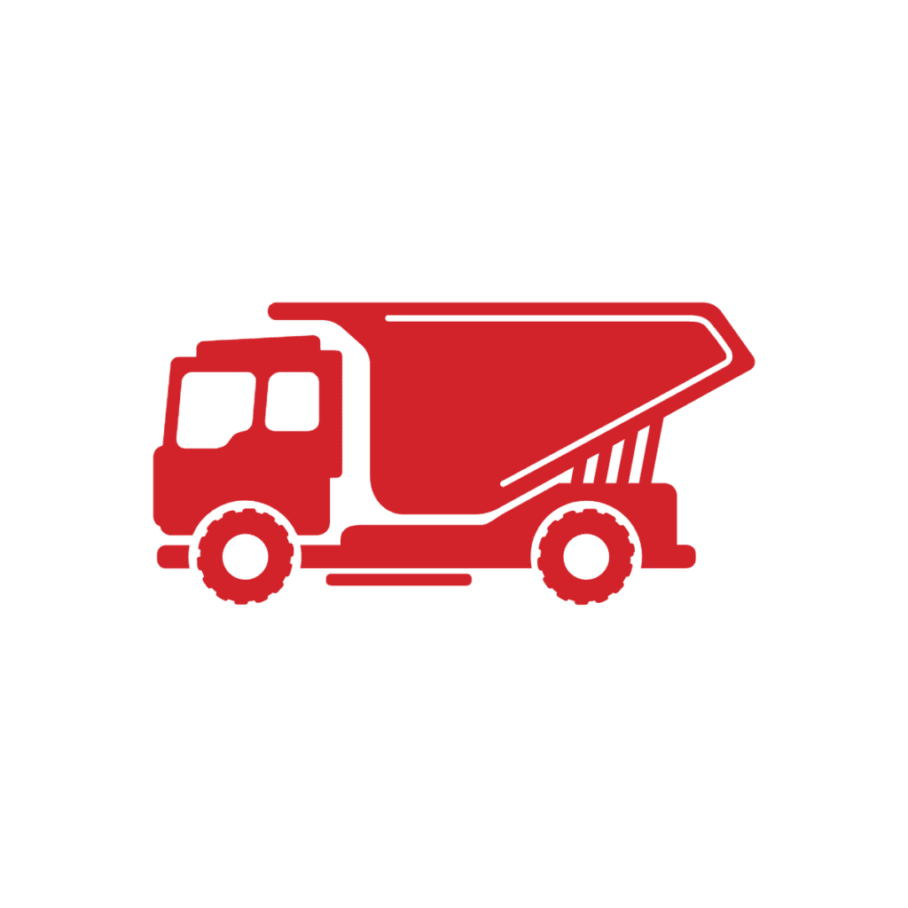 Red silhouette icon of a dump truck facing left, with large wheels and an angled cargo bed, on a light gray background.