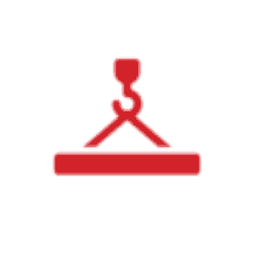 A red icon of a crane hook lifting a horizontal rectangular object, symbolizing material handling or lifting equipment. The image is on a white circular background.
