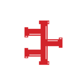 A red, abstract geometric symbol with three horizontal bars crossing a central vertical bar, all on a white circular background.