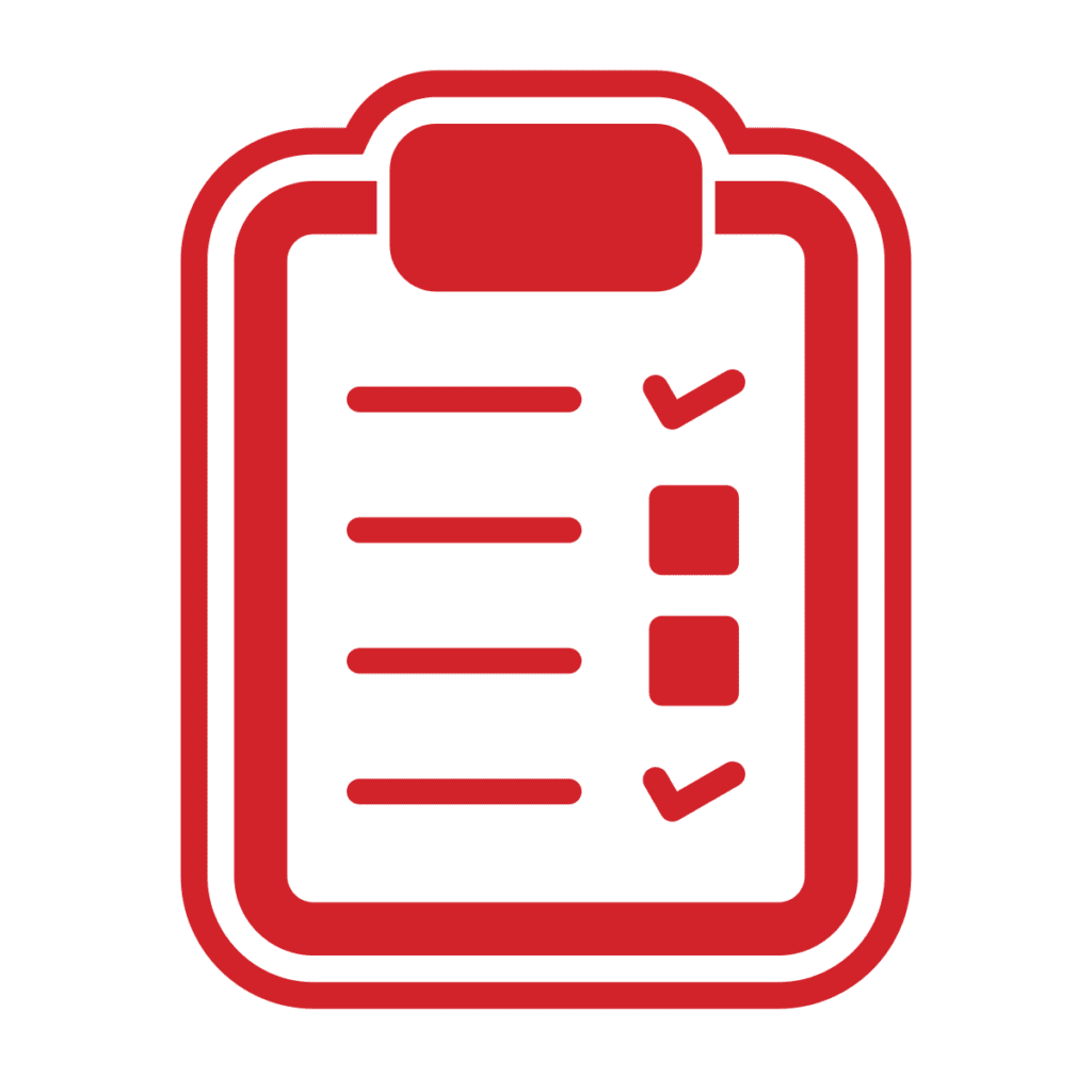 Red clipboard icon with a checklist; three checkboxes next to horizontal lines, two boxes have checkmarks and one box is empty, representing task completion or a to-do list.