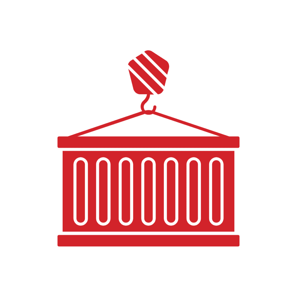 A red shipping container being lifted by a crane hook, depicted in a simple, minimalistic style on a white background.