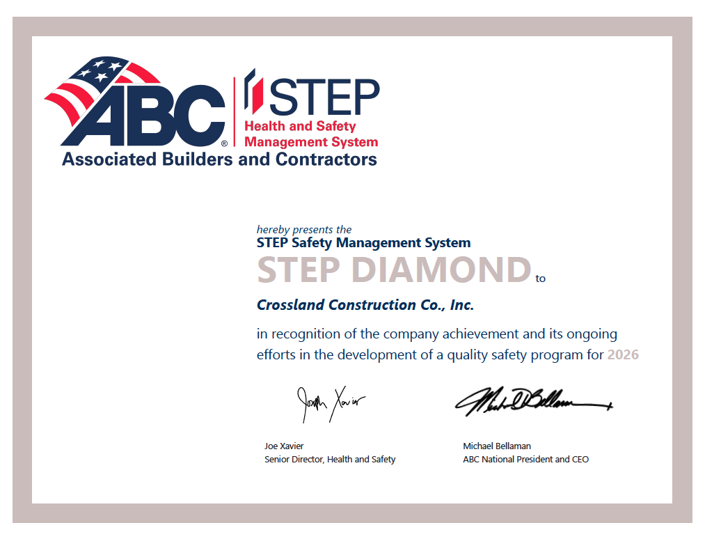 Associated Builders and Contractors STEP Diamond safety award certificate presented to Crossland Construction Co., Inc. for 2026.