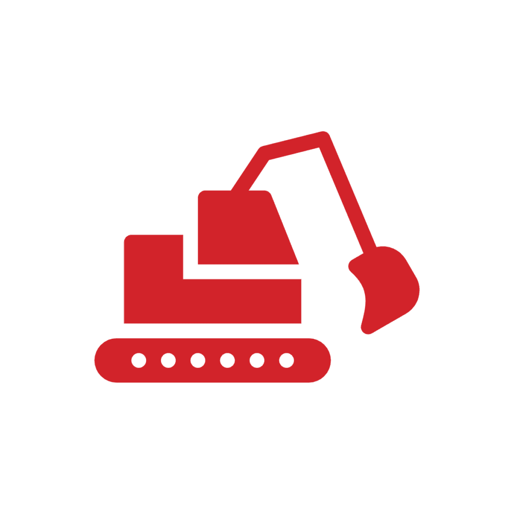 A red icon of an excavator with a digging arm and bucket, shown on a light gray background.