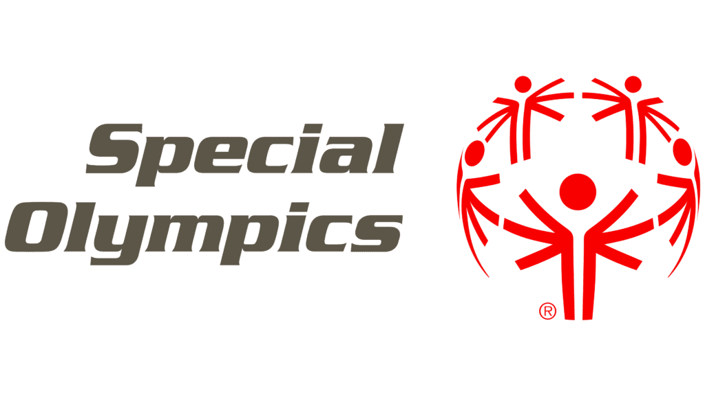 The Special Olympics logo features the words "Special Olympics" in bold gray text next to a red emblem of five stylized human figures in a circle, arms raised, representing unity and inclusion.