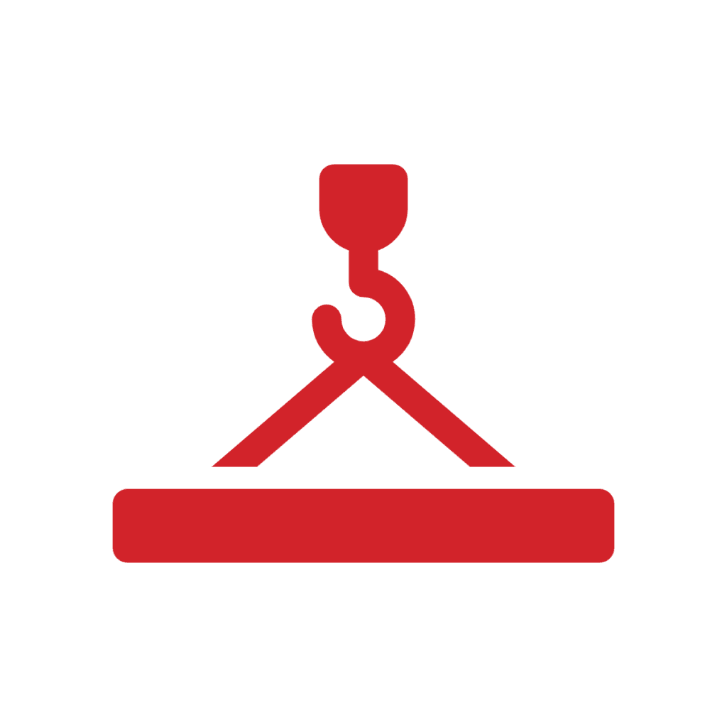 Red icon of an industrial crane hook lifting a large rectangular object, set against a light gray background.