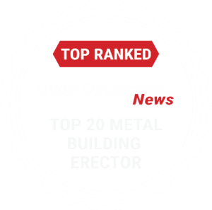 A badge with a white scalloped border. In the center, red labels read "TOP RANKED" and "News." Faint white text behind says "Metal Construction News" and "Top 20 Metal Building Erector.